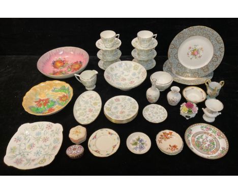 A Minton Vanessa pattern tea service for six, etc; a pair of Minton Brocade plates; a Royal Doulton Water Lily pattern bowl; 