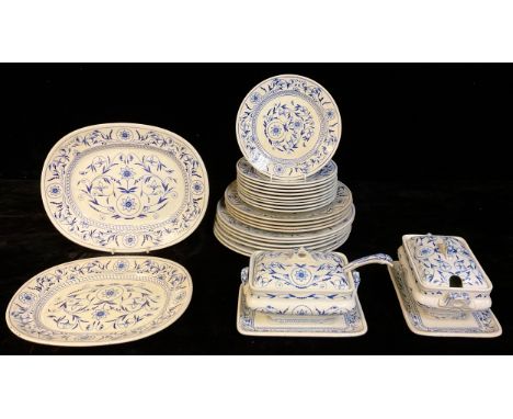 A Thomas and Fred Booth Dresden pattern part dinner service, transfer printed in blue and white, comprising six dinner plates