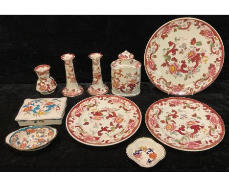 A Mason's Ironstone Mandalay Red caddy with cover; others a pair of candlesticks, plates, vase, etc (10) 
