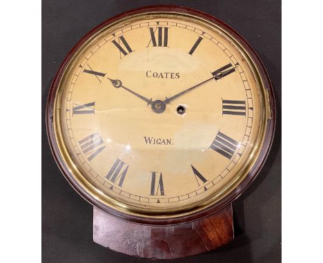 A 19th century mahogany drop dial wall clock, inscribed Coates, Wigan, 30cm wide x 34cm high 