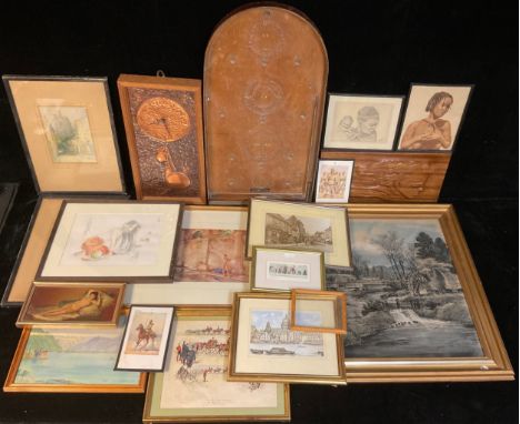 Pictures, Prints, Art and Design - an Arts and Crafts style copper clock, chased with a mouse; an Art Deco style hardwood scu