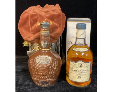 A bottle of Chivas Royal Salute 21 Year Old Scotch Whisky, 75.7cl, Spode ceramic bottle/flagon, soft cloth pouch, boxed; a bo
