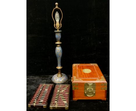 A Chinese brass mounted jewellery box, hinged cover, fold out mirror, the fitted interior  drawer lined, 30cm x 23cm;  a papi