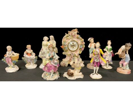 A pair of German porcelain figures, by Ernst Bohne &amp; Söhne, Leap Frog, 16cm, impressed and printed marks; a continental p