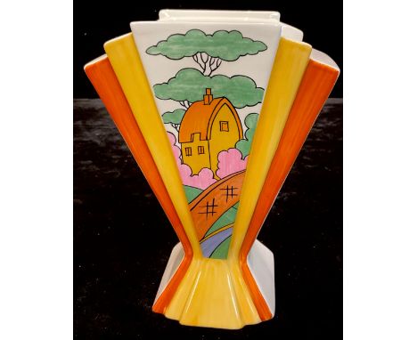 A Wedgwood for Bradex Clarice Cliff reproduction fan shaped vase, Orange Roof Cottage pattern, limited edition, 21cm, printed