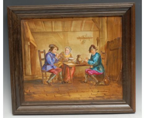 A Continental porcelain rectangular plaque, painted with a traditional Dutch genre scene, after the Old Master, 29cm x 34cm, 