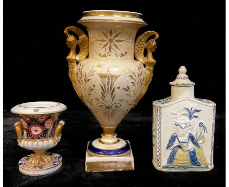 An 18th century Prattware tea caddy, moulded in high relief with King Charles III and Queen Charlotte, 14.5cm high, c.1790, f