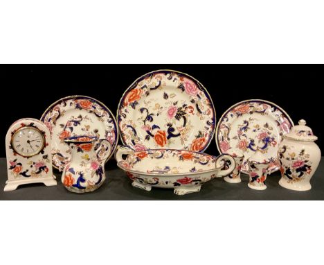 A Mason's Mandalay pattern serpent dish, 28cm wide; others Mason's Mandalay, mantel clock, ginger jar and cover, jug, salt an