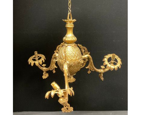 Interior Decoration and Lighting - a Dutch gilt metal three-branch gasolier, in the Baroque taste, 49cm wide, early 20th cent
