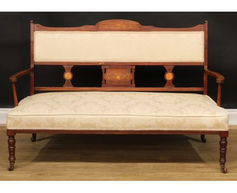 An Edwardian Sheraton Revival mahogany and marquetry sofa, 84cm high, 134cm wide, the seat 123cm wide and 54cm deep, c.1905 