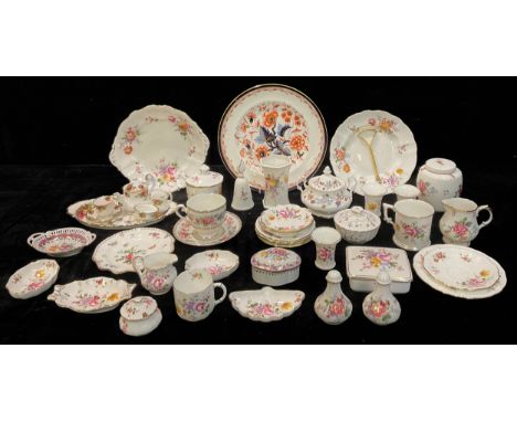 A Royal Crown Derby Posie pattern cake stand, candle snuffer, bread and butter plate, three miniature vases, salt pepper and 