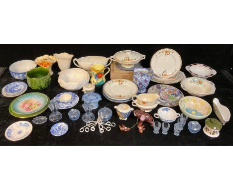 A pair of Royal Doulton Art Deco Prunus pattern vases; a Ringtons Maling Ware jug; a Doulton Willow pattern fruit bowl; other