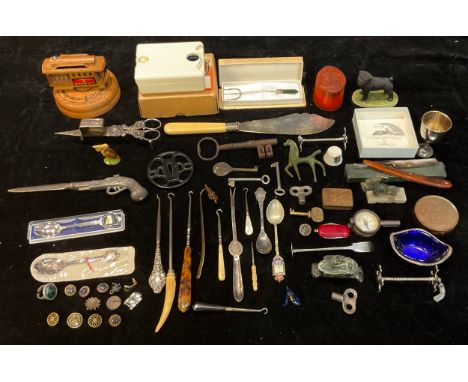 Boxes and Objects - a military compass, wick trimmers, a cut throat/straight razor, a large iron key, etc 