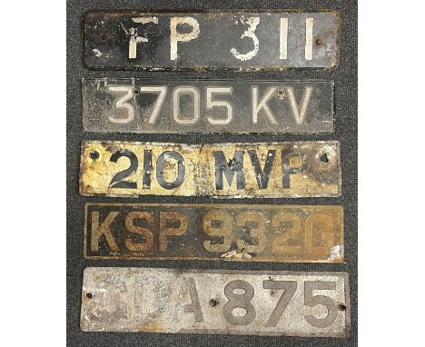 A collection of five vintage Car Number Plates: FP 311: 3705 KV: 210 MVP: GDA 875:  KSP 932G. 