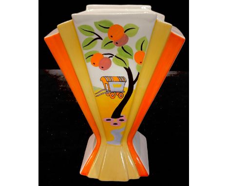 A Wedgwood for Bradex Clarice Cliff reproduction fan shaped vase, Caravan pattern, limited edition, 21cm, printed marks 