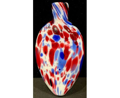 A 19th century Nailsea flask, mottled red, white and blue glass, 15.5cm long 