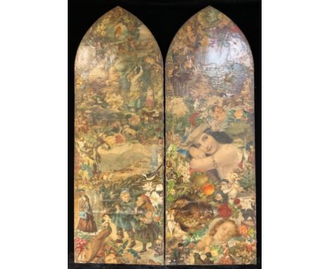 A 19th century two-fold decoupage on canvas dressing screen, ogival arch top, lacking hinges, 158cm high 