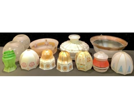 A 1920s moulded opaque white glass light shade; other 1920s light shades, lustre, opaque, printed, acid etched globular light