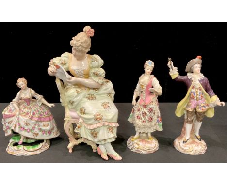 A pair of Meissen figures, gallant with tipstaff and lady companion with love letter in 18th century dress, 17cm, crossed swo