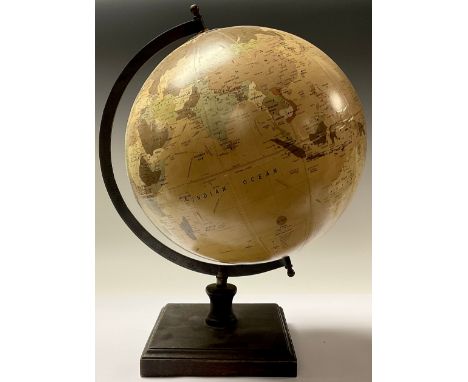 A terrestrial globe, bronzed metal meridian ring, square base, 45cm high 