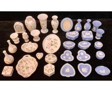 A Wedgwood Jasperware oval photograph frame, other Jasperware vases, trinket pots, dishes, etc; a Wedgwood Wild Strawberry pa