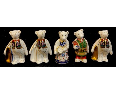 A Royal Crown Derby miniature bear model, Bennetts Shopper Bear, 9cm, certificate; others, Born To Shop at Govier's, limited 