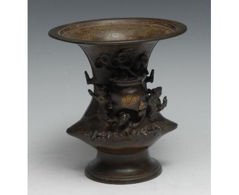A Chinese bronze vase, cast with figures beside a censer crested by blossoming prunus, 15cm high, 19th century 