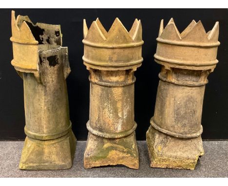 Architectural salvage - three Victorian crown top chimney pots, 97cm tall (3) 