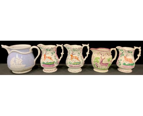 A pair of 19th century Sunderland lustre jug, relief moulded with deer and hunting dogs, 19cm high, c.1840; others similar; a