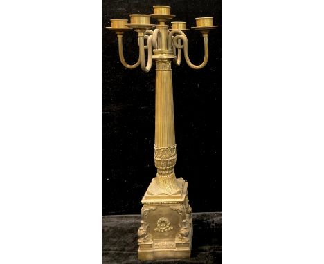 A large brass four branch five light columnar candelabrum, 73cm high 