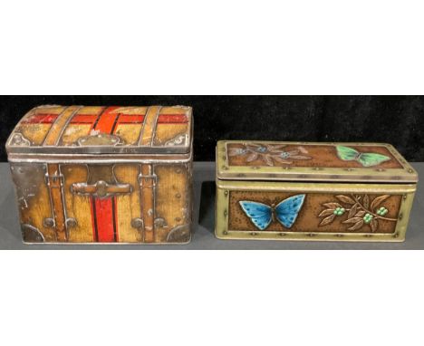 Advertising - a Hudson Scott biscuit tin, as a steamer trunk, Cunard Line State Room; a Jacob &amp; Co., Art Nouveau butterfl
