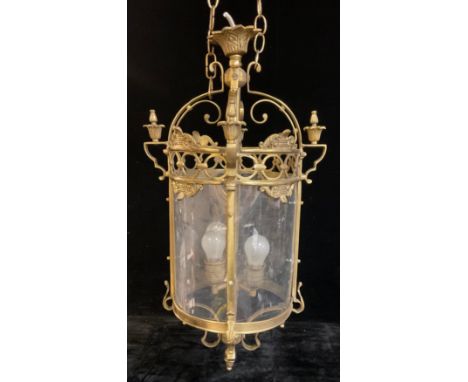 A large Victorian style cylindrical brass ceiling light/lantern, approx. 68cm high 