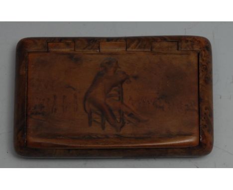 Napoleonic Interest - a 19th century burr wood snuff box, hinged cover decorated with Napoleon Bonaparte surveying a battle f