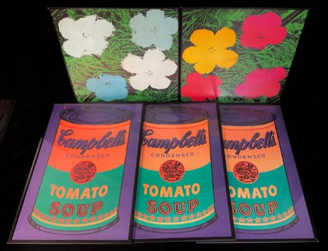 Andy Warhol, after, a set of three Campbell's Tomato Soup prints, 80cm x 53cm; a pair of Flower prints, 62cm x 62cm (5) 