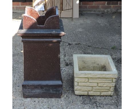 A brown salt glazed stoneware chimney pot, with a castellated top, 70cm tall, together with a Sandford stone planter
