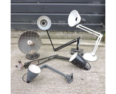 A collection of four vintage painted metal angle poise lamps, together with an industrial lamp