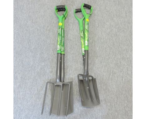 A garden fork and spade set, together with another