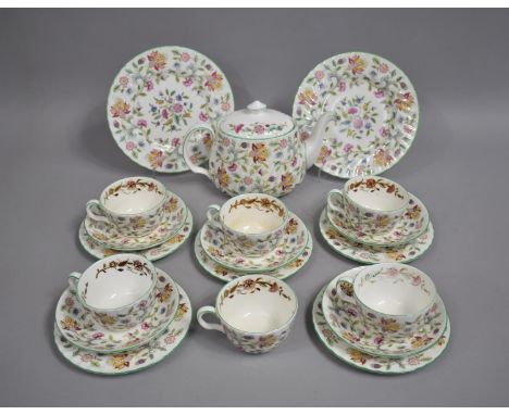 A Minton Haddon Hall Tea Set to Comprise Teapot, Five Saucers, Five Sideplates, Two Small Dinner Plates Six Cups (Varying Con