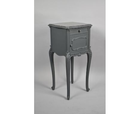 A French Bedside Cabinet, Painted Grey with Single Top Drawer Over Pot Cupboard on Extended Cabriole Supports, Marble Top Is 