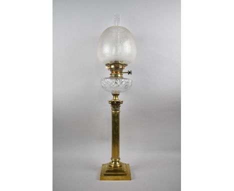 A Late Victorian Corinthian Column Oil Lamp with Acanthus Pedestal, Cut Glass Reservoir and Complete with Etched Shade and Ch