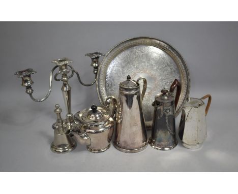 A Collection of Various Silver Plated Items to Comprise Three Branch Candelabra Pierced Circular Tray with Engraved Decoratio