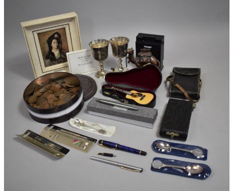 A Collection of Sundries to Include Pens, Lighter (AF), York Goblet, Picasso Print, British Copper Coinage, Miniature Cased G