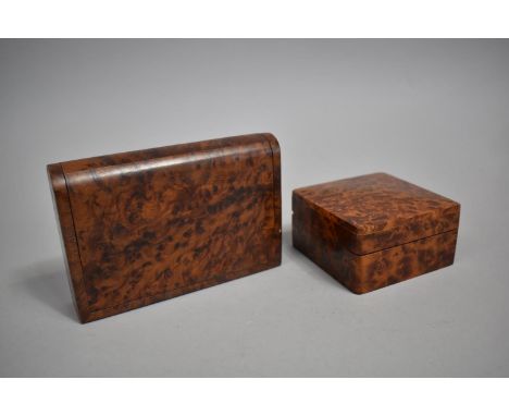 Two Modern Burr Wood Boxes, the One in the Form of a Book Containing Pair of Playing Card Packs 