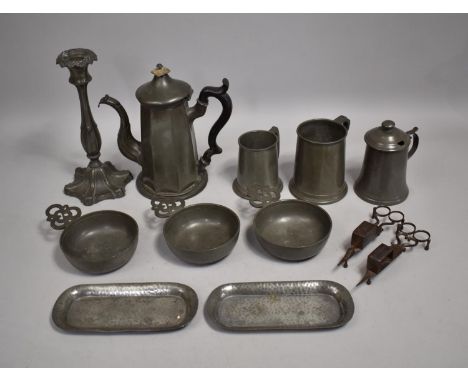 A Collection of Pewter Items to Comprise, Candle Stick Coffee Pot, Tankards etc 