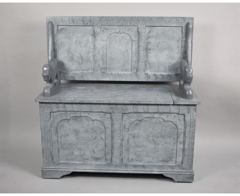 A Sponge Painted Monks Bench with Carved Lion Armrests, Three Panelled Hinged Top and Two Panelled Box Seat, 95cm wide 