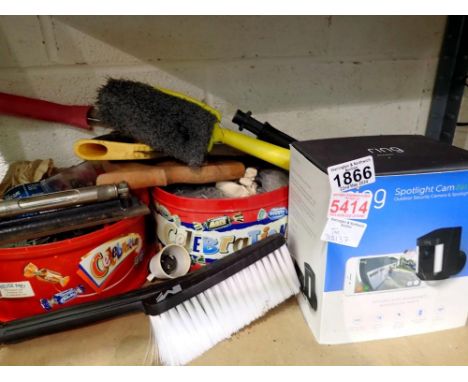 Mixed tools, fixings and a boxed Ring spotlight camera. Not available for in-house P&amp;P 