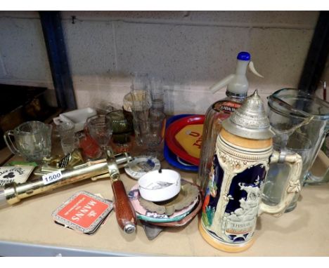Mixed box of pub items including five pub trays, bar corkscrew, beer mats, ash trays, Bacardi jug and glasses. Not available 