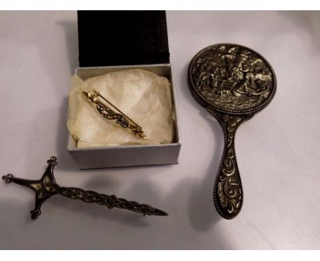 Gold brooch, silver mirror and brooch. UK P&amp;P Group 1 (£16+VAT for the first lot and £2+VAT for subsequent lots) 