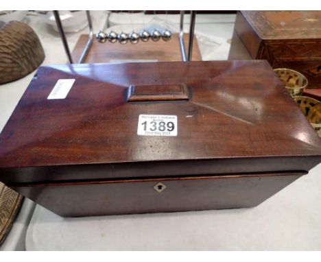 Mahogany sarcophagus tea caddy, with loose internal section, 30 x 14 x 14 H. Not available for in-house P&amp;P 