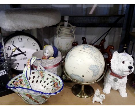 Shelf of mixed ceramics and a globe. All electrical items in this lot have been PAT tested for safety and have passed. This d